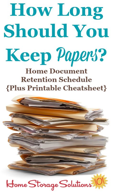 Article explaining how long should you keep papers when decluttering files and documents from your home. There's a home document retention schedule you can reference, including a printable cheatsheet {courtesy of Home Storage Solutions 101} Paperwork Storage, Paper Decluttering, Tax Organization, Household Notebook, Paper Clutter Organization, Paper Tiger, Painting Hacks, Paper Dragon, Decluttering Inspiration