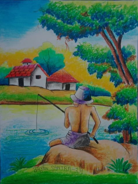 Color Wheel Art Projects, Village Scene Drawing, Scenery Drawing For Kids, Simple Draw, Memory Drawing, Color Wheel Art, Vegetable Drawing, Buddhist Art Drawing, Drawing Scenery