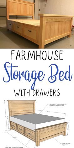 Farmhouse Storage Bed, Diy Farmhouse Bed, Beautiful Bed Designs, Diy Storage Bed, Farmhouse Storage, Bed Frame With Drawers, Diy Bed Frame, Woodworking Furniture Plans, Farmhouse Bedding