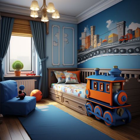 A baby boy's imagination train-themed bedroom is a delightful and inspiring space that encourages imaginative play, learning, and a lifelong love for trains. It's a room where the child can embark on exciting adventures in the world of trains and transportation. Thomas Themed Bedroom, Train Boys Bedroom, Thomas The Train Bedroom, Toddler Train Room, Train Bedroom Ideas, Train Bedroom For Boys, Train Theme Bedroom, Train Bedroom Decor, Boys Train Room