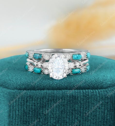 3PCS Oval Moissanite Engagement Ring Set Vintage White Gold Pear Shaped Diamond Turquoise Wedding Band Bridal Set Promise Gift for Women - Etsy Oval Engagement Ring With Turquoise Wedding Band, Wedding Rings With Turquoise Accent, Simple Turquoise Wedding Rings, Diamond Turquoise Engagement Ring, Teal Wedding Rings Turquoise, Diamond Engagement Ring With Turquoise Band, Western Weeding Rings, Engagement Rings Turquoise Diamond, Turquoise Diamond Wedding Rings