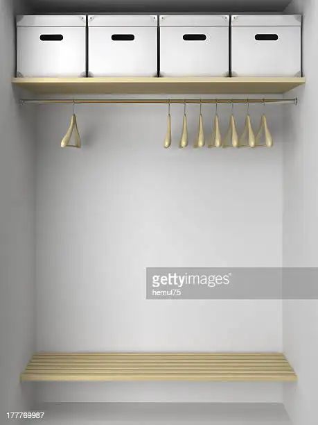 Empty Wardrobe With Hangers And Boxes High-Res Stock Photo - Getty Images Boxes Illustration, Organization Tips, Closet Organization, Hangers, Storage Bench, Stock Illustration, My Home, Shelves, Home Decor Decals