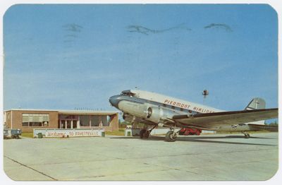 "Piedmont Airlines plane at Fayetteville's Municipal Airport, ca. 1953." Image courtesy of UNC Libraries. C47 Skytrain, Piedmont Airlines, Female Pilot, Fort Bragg, Star City, Taxi Cab, Airline Flights, Queen City, Tri Cities