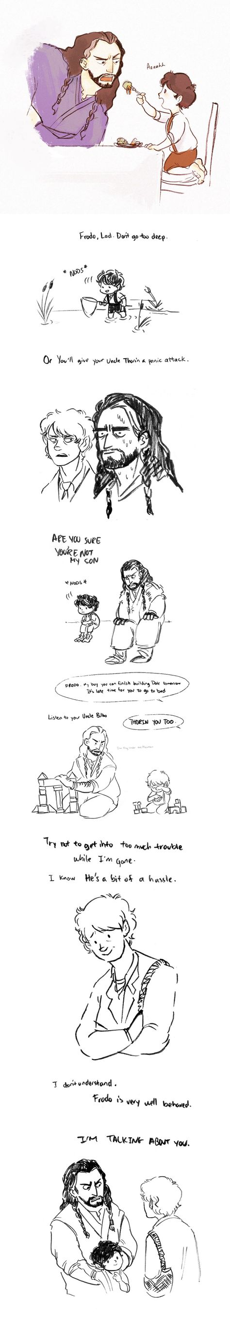 THAT IS THE CUTEST THING I HAVE EVER SEEN IN ALL MY LIFE WTH THATS ADORABLE Humour, The Hobbit Thorin Fan Art, Cute Hobbit Art, Frodo And Thorin, Thorin Frodo, Thorin And Frodo, Thorin X Bilbo Fanart, Bilbo X Thorin, Thorin Bilbo