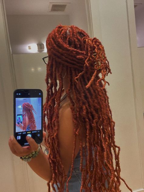 Faux Locs Hairstyles Ginger, Long Ginger Faux Locs, Faux Locs Red And Blonde, Cooper Locs, 350 Faux Locs, Ginger Soft Locs Black Women, Ginger Boho Locs, Orange Faux Locs, 350 Locs