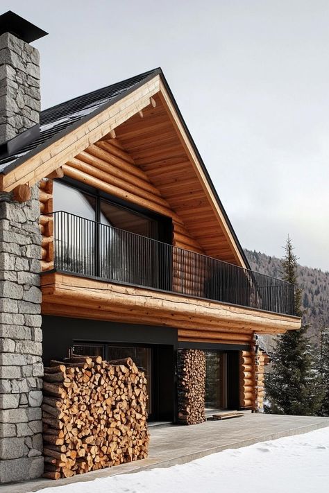 Modern log house in the mountains with a stone fireplace and firewood storage. Check out and drool over all of these enchanting mountain homes with stone fireplaces–the ultimate cozy and rustic retreats. Mountain House Exteriors Rustic, Modern Log Cabin Exterior, Modern Log Home Interiors, Modern Log Cabins Exterior, Log Cabins Exterior, Cozy Mountain Home, Modern Log House, Log Cabin Interior Design, Modern Log Home