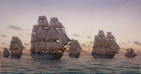 The Long Chase: Lord Admiral Nelson's Squadron Hunting the French Fleet in the West Indies, June 1805 by Mark Myers Navy Drawings, Tall Ships Art, Age Of Sail, Fleet Of Ships, Maritime Painting, Navi A Vela, Navy Art, Old Sailing Ships, Ship Of The Line