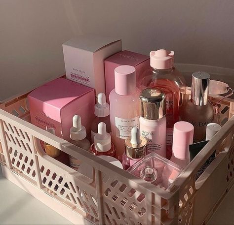 #organizer Ideas Habitaciones, Perfume Storage, Storage Crate, Pink Lifestyle, Plastic Baskets, Perfect Skin Care Routine, Makeup Aesthetic, Pretty Skin Care, Crate Storage