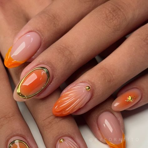 Gold Orange Nails, Orange And Gold Nail Designs, Gold And Orange Nails, Orange Gold Nails, French Tip Nails With Gold, Orange And Gold Nails, Orange French Tip Nails, Nails With Gold Accents, Orange French Tip