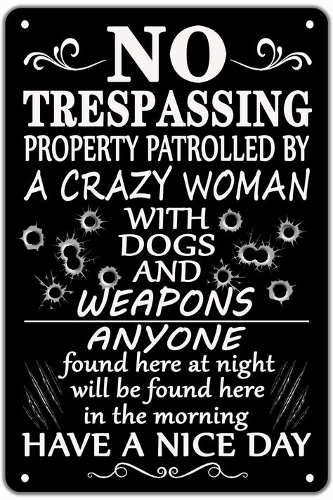 PRICES MAY VARY. Hard to Ignore Warning Sign: No trespassing signs for house uses industry-leading UV printing, ink It has a good luster appearance. The highly visible and vibrant black&white color design and legible letters will definitely to warn intruders think twice before entering your property. High Quality Warning sign: No trespassing beware of dog & gun sign, made of strong metal. UV Printing surface (UV-Protected, Waterproof, Dust-proof, Fade-resistant). Funny design with bullet hole & Trespassing Signs, Dog Warning Signs, Funny Bar Signs, No Trespassing Signs, No Trespassing, No Soliciting, House Door, Beware Of Dog, Camping Signs