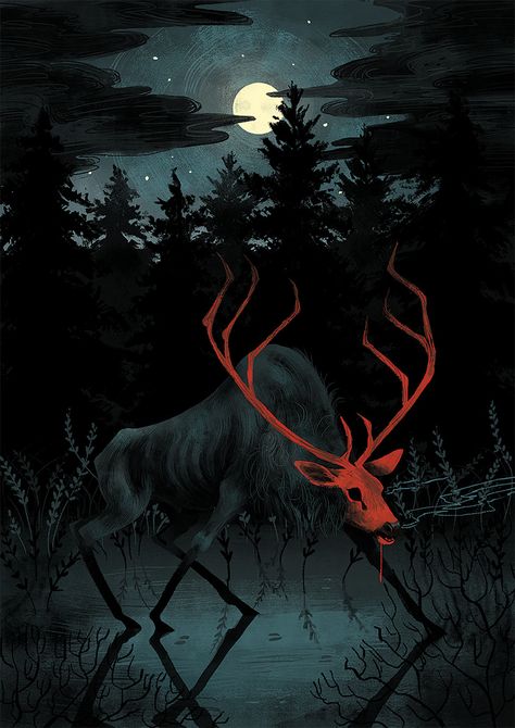 Scary Silhouette, Horror Nature, Hsc Art, Eerie Art, Graphic Painting, Hunting Game, Water Illustration, Creepy Stuff, Deer Silhouette