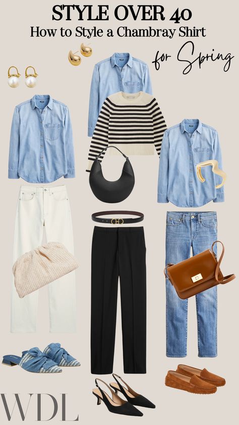 Outfit Formula: Chambray Shirt via @https://www.pinterest.com/megkristel/ Chambray Outfit, Chambray Shirt Outfits, Grandma Fashion, Fashion Capsule Wardrobe, Office Chic, Transition Outfits, Outfit Formulas, Vacation Outfit, Fashion Capsule