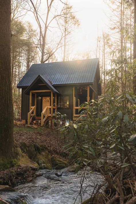 Charming Creekside Cottage Borders Forest & Trails - Cabins for Rent in Cherry Log, Georgia, United States - Airbnb Cabin Montana, Cabin Lifestyle, Large Shower Tile, House Aesthetics, Forest Retreat, Small Restaurants, Frame Cabin, Forest Trail, Forest View