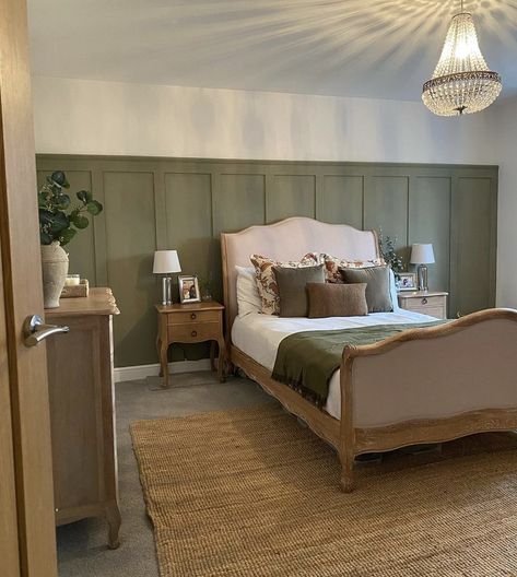 Bed Paneling, Half Panelled Walls Bedroom, Olive Bedroom, Wall Paneling Ideas, Cottage Style Bedrooms, Olive Green Bedrooms, I Am Useless, Paneling Ideas, Wainscoting Bedroom