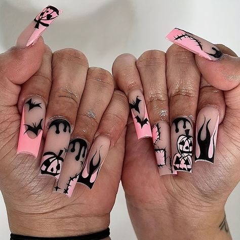 Faster shipping. Better service,nails for hoco Pink And Black Spooky Nails, China Nails, Halloween Press On Nails, Anime Nails, Nagel Tips, Long Acrylic, Nail Forms, Halloween Inspo, Halloween Nail Designs