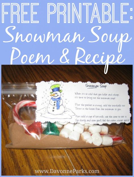 Free Printable Snowman Soup Poem and Recipe. This frugal and easy project is perfect for kids to make and can be used for stocking stuffers, party favors, or small class gifts! Snowman Soup Poem, Snowman Soup, Printable Snowman, 12 December, Christmas Goodies, Candy Canes, Xmas Crafts, Christmas Treats, Christmas Cheer