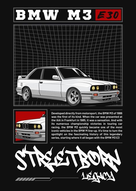 BMW M3 E30 Car Displate Poster Illustration Bmw M3 Race Car, Bmw Poster Design, Cars Pfp, Luxury Bmw, Cars Poster, Bmw M3 E30, Southern Maine, Bmw E30 M3, Auto Poster