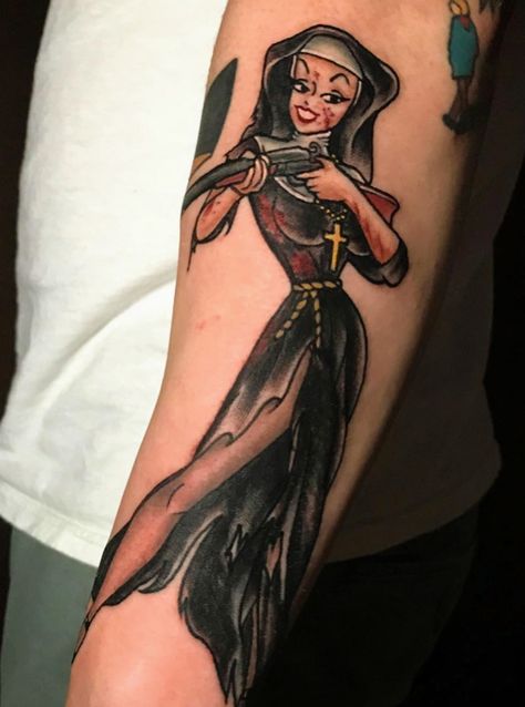 Nun with a gun - by Sarah at Aces High Lake Worth FL. #tattoos #tattoo #beauty Nun Pinup Tattoo, Nun Tattoo, Trending Tattoos, Prison Tattoos, Religious Tattoos, Pin Up Tattoos, R Tattoo, Funny Tattoos, Tattoo Inspo