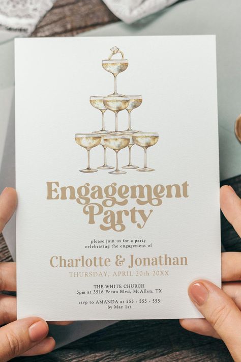 Elegant Champagne Stylish Retro Engagement Party Invitation Retro Engagement Party, Engagement Party Brunch, Small Engagement Party, White Engagement Party, Backyard Engagement Parties, Engagement Party Diy, Engagement Party Themes, Engagement Party Planning, Elegant Engagement Party