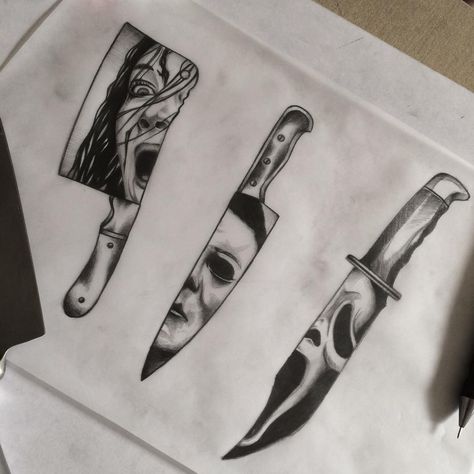 Scream dagger for next week. Added it with the two I tattooed yesterday. I'd love to do more horror icon weapons.  Search Andy Jc Tattoos on Facebook or follow the link in my bio for info and bookings, thanks. Knife Tattoos, Tattoos Horror, Matching Tattoo Ideas, 27 Tattoo, 2023 Pedicure, Horror Movie Tattoos, Scary Skull, Knife Tattoo, Sketches Ideas