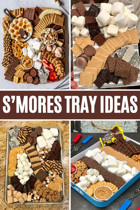 If you love s'mores, these s'mores trays are perfect for summer!  Make s’mores night even s’more fun with a loaded S’mores Tray that let’s each person build their own s’mores creation – the possibilities are endless! #smores #smorestray S’more Dessert Bar, S’more Platter, Smores Over Campfire, Smores Bday Party Ideas, Camping Party Menu Ideas, Dessert Charcuterie Board Smores, S’more Packaging, Make Your Own Smores Bar, Man Snacks Parties