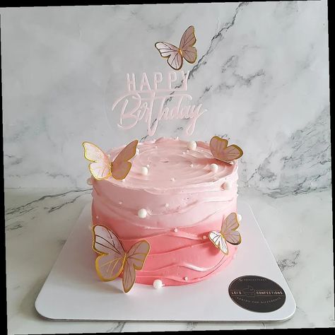 "This butterfly cake is sure to add a touch of whimsy to any celebration!" Butterfly Design Cake Ideas, Rose Gold Pink And White Birthday Cake, Buterfluffy Birthday Cake, Pink Butterfly Cake Ideas, First Birthday Girl Themes Cake, Pink Theme Birthday Cake, Birthday Cake Butterfly Theme, Cute Girly Cakes, Pink Cake Butterfly