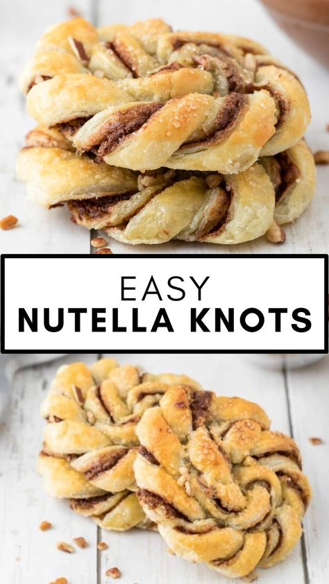 Nutella Knots are the perfect way to start your day. Puff pastry is filled with chocolate and hazelnuts formed into beautiful dough knots, then baked until golden brown in this easy pastry recipe! Dough Knots, Breakfast Puff Pastry, Sweet Puff Pastry Recipes, Sweet Puff Pastry, Easy Pastry, Nutella Puff Pastry, Easy Puff Pastry Recipe, Easy Pastry Recipes, Nutella Recipes Easy