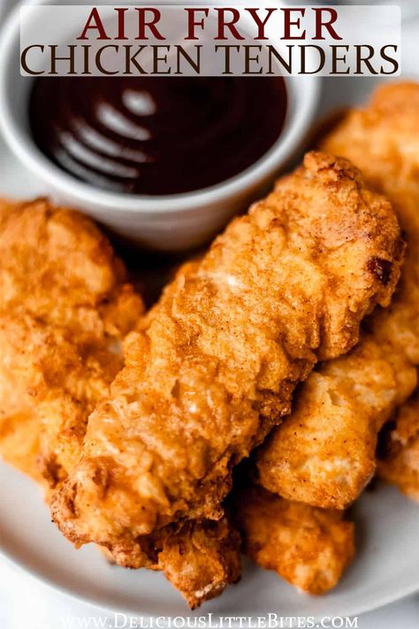 This easy recipe for extra Crispy Air Fryer Chicken Tenders can be made in 30 minutes or less and uses much less oil than traditional recipes for fried chicken strips. These chicken tenders are just as crunchy and juicy as deep-fried chicken, and all of the ingredients are pantry staples. Air frying is a quick, healthy method to cook a family-friendly meal. | #chickentenders #chicken #airfryer #airfryerchicken Crispy Air Fryer Chicken Tenders, Air Fryer Recipes Chicken Tenders, Air Fryer Recipes Chicken Breast, Crispy Air Fryer Chicken, Fried Chicken Strips, New Air Fryer Recipes, Air Fryer Chicken Tenders, Air Fried Food, Air Fryer Oven Recipes