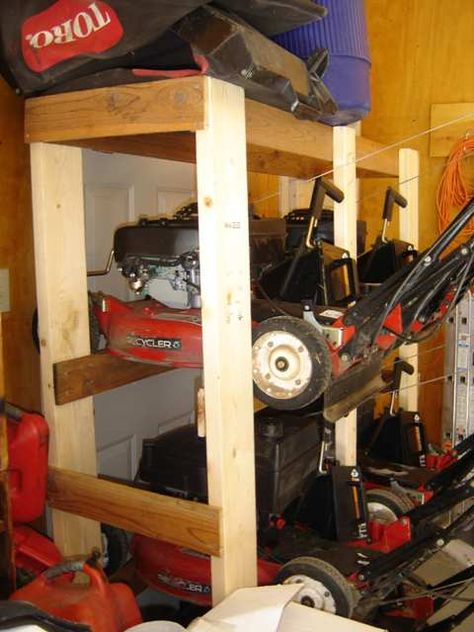 How To Organize Lawn Equipment, Snowblower Storage Shed, Push Mower Storage, Snowblower Storage, Lawn Equipment Storage, Mower Storage, Extra Garage, French Cleats, Garage Wall Storage