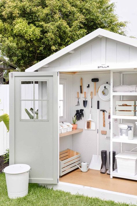 22 Gardening Tools Organization Ideas » Lady Decluttered Tools Organization Ideas, Shed Shelving, Garden Shed Interiors, Tools Organization, Small Garden Shed, Painted Shed, Shed Makeover, Shed Interior, Shed Organization