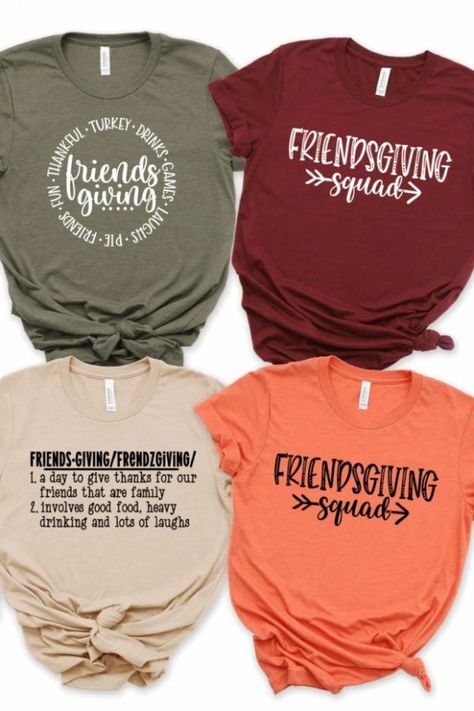 Your girlfriends are going to love these Friendsgiving squad T-shirts. Hand them out at the beginning of your celebration so you can all wear your own during your Friendsgiving party. Don’t forget they double up as a cool photo booth prop and party favor too. See more party ideas and share yours at CatchMyParty.com Friendsgiving Shirt, Friendsgiving Clothing Ideas, Diy Cricut Party Favors, Friendsgiving Shirts Ideas, Friendsgiving Shirt Ideas, Friendsgiving Theme Ideas Outfits, Friendsgiving Favor Ideas, Friendsgiving Shirts, Friendsgiving Favors