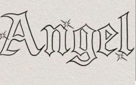 Angel Old English Tattoo, Angel Graffiti Word, Angel In Graffiti, Angel Text Tattoo, Angel Lettering Tattoo, Angel Tattoo Word, Angel Word Tattoo, Angel Writing, Old English Font Tattoo