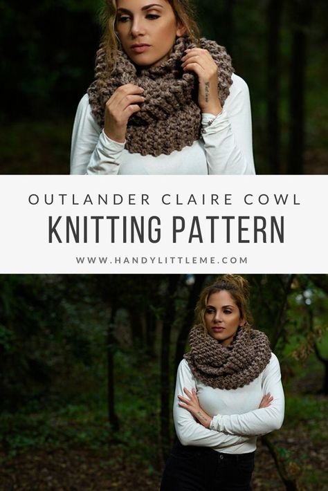 Claire's Outlander Cowl for all of you time travelling sassenachs!  Make a beginner-friendly cowl inspired by the Outlander TV series, as worn by character Claire Fraser. #cowl #outlander #kniting #knittingpatterns #outlanderknits #outlandercowl #clairecowl Ponchos, Outlander Cowl, Outlander Patterns, Outlander Knitting Patterns, Infinity Scarf Knitting Pattern, Knit Cowl Pattern Free, Outlander Knitting, Knitted Wrist Warmer, Outlander Claire