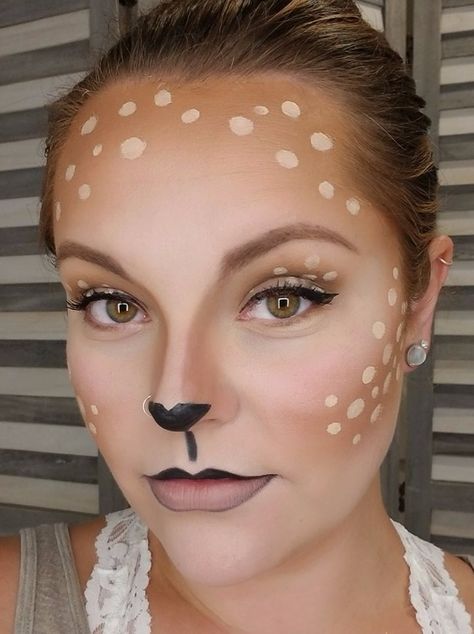 Make Up For Deer Costume, Doe Eye Makeup Halloween, Easy Halloween Deer Makeup, White Stag Makeup, Easy Reindeer Makeup, Fawn Halloween Makeup, Deer Costume Makeup Simple, Deer Make Up Easy, Deer Costume Makeup Kids