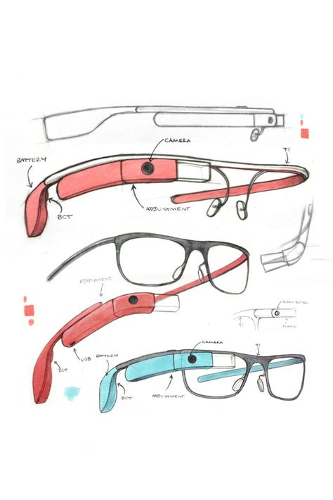 Sketches for Google Glass frames. [Courtesy Photo] Glasses Sketch, Google Glasses, Google Glass, Industrial Design Sketch, Smart Glasses, Wearable Device, Glass Frames, Wearable Technology, Eyewear Design