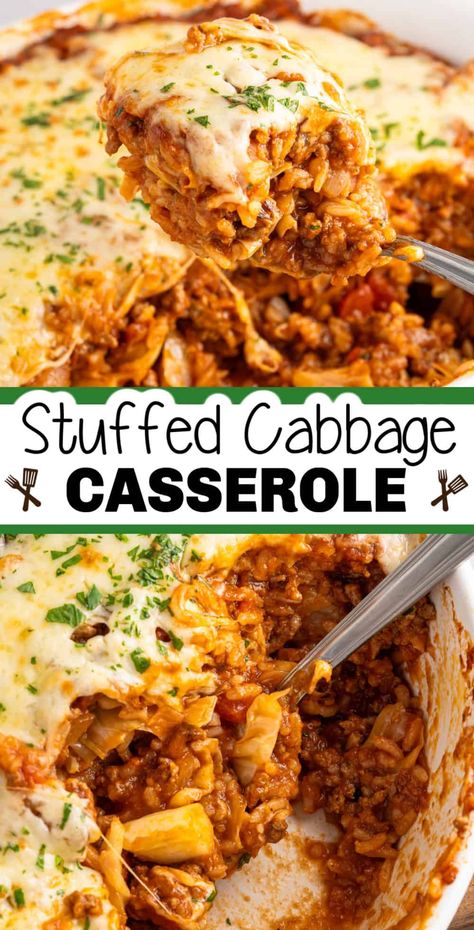 This easy stuffed cabbage casserole recipe is perfect for a quick and tasty dinner. This hassle-free casserole dish tastes just like traditional cabbage rolls, without the fuss. Layered Cabbage Casserole, Stuffed Cabbage Casserole Crockpot, Deconstructed Stuffed Cabbage Casserole, Amish Cabbage Casserole, Meals To Make With Cabbage, Cabbage Meal Ideas, Stuffed Cabbage Casserole Recipes, Stuffed Cabbage Casserole, Runza Casserole