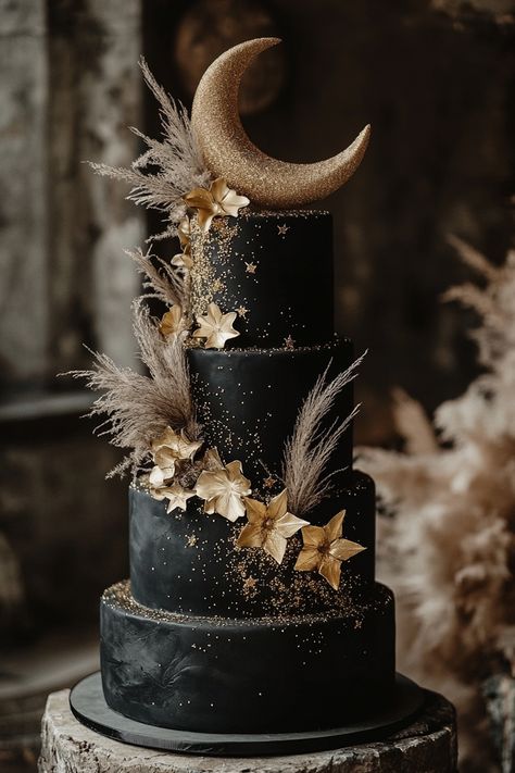 Celestial Black Wedding Cake Celestial Wedding Cake, Gothic Wedding Cake, Night Sky Wedding, Celestial Wedding Theme, Gothic Cake, Dark Romantic Wedding, Starry Wedding, Starry Night Wedding, Shoot For The Stars