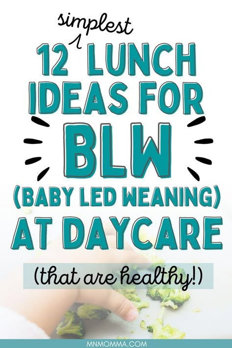 Text states "12 lunch ideas for BLW (baby led weaning) at daycare (that are healthy!). Image shoes a baby hand at approximately 6 months old reaching for steamed broccoli. Baby Led Weaning Daycare Meals, Baby Led Weaning 7 Months, Lunch Ideas For Daycare, Baby Led Weaning Lunch Ideas, Best Lunch Ideas, 10 Month Old Baby Food, 7 Month Old Baby Food, 9 Month Old Baby Food, Daycare Lunch Ideas