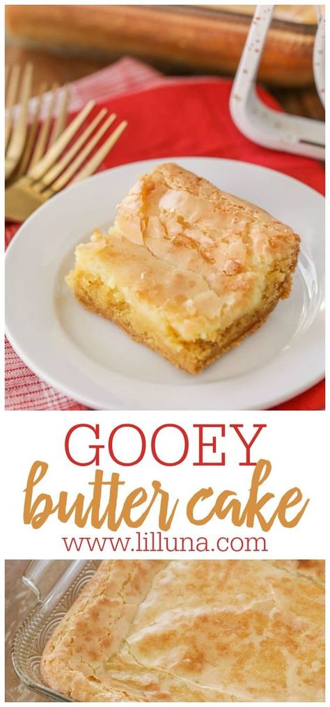 Gooey butter cake is a simple and amazingly delicious dessert with a cake batter crust and soft, gooey cream cheese top that makes it addicting! #gooeybuttercake #butter #cake #desserts #treats Key Lime Ooey Gooey Butter Cake, Butter Cake Gooey Paula Deen, At Louis Gooey Butter Cake, Philadelphia Gooey Butter Cake, Gooey Butter Cake With Cream Cheese, Gooey Butter Bars Yellow Cake Mixes, Homemade Gooey Butter Cake, Ooey Gooey Butter Cake With Box Cake, Yellow Cake Batter Recipes