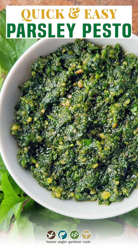 Parsley Pesto Recipe, Pine Nut Recipes, Parsley Recipes, Parsley Pesto, Walnut Pesto, Pesto Recipe, Delicious Pizza, Garden Recipes, Pine Nuts