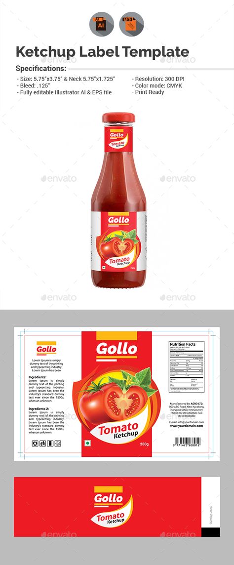 Ketchup Label Design Template Vector EPS, AI Illustrator Food Product Design Packaging, Ketchup Label Design, Ingredients Label Design, Lable Package Design, Ketchup Packaging Design, Ketchup Packaging, Hot Sauce Label, Can Label Design, Food Label Design