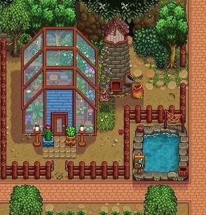 Stardew Valley Inspo Farm, Forest Farm Layout Stardew Valley Year 1, Stardew Forest Farm Layout Cute, Stardew Forest Farm Ideas, Stardew Valley Forest Farm Layout Ideas, Stardew Valley Farm Design Ideas, Stardew Valley Forest Layout, Stardew Valley Pond Ideas, Star Dew Valley Farm Layouts Forest