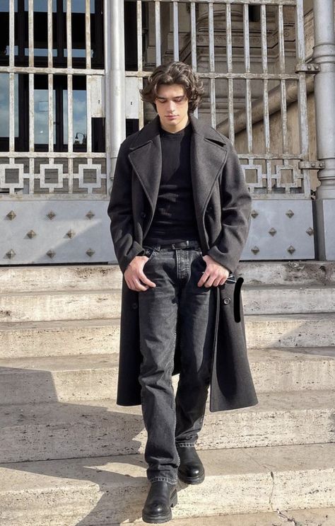 black outfit, black jeans, black shoes, black coat, black shirt, men’s fashion, outfit ideas, outfit inspo Black Button Up Shirt Outfit Men Formal, Open Shirt Outfit, Mens All Black Outfit, Outfit Black Jeans, Black Shirt Men, Black Coat Outfit, Canada Style, Shirt Outfit Men, Dress Better