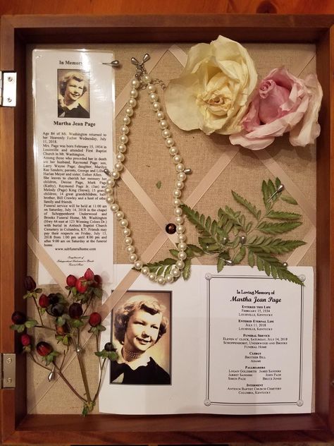 Shadow Box Grandma, Obituary Shadow Box Ideas, Memorial Shadow Box Ideas Grandparents, Shadow Box Ideas For Passed Loved Ones, Memory Frame Ideas, Memory Shadow Box, Family Heirloom Display, Shadow Box Memory, Shadow Box Ideas