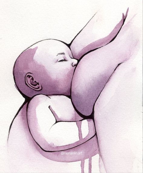 Ink drawing of a baby breastfeeding painted in cool purple washes of watercolor with drips. Breastfeeding Painting Art, How To Draw A Baby, Breastfeeding Painting, Breastfeeding Drawing, Mother Feeding Baby, Breastfeeding Tattoo, Breastfeeding Art, Mother Milk, Mother Art