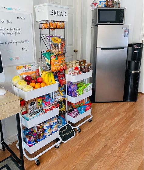 Dorm Snack Organization, After School Snack Cart, Snack And Coffee Station, Snack Set Up Ideas, Break Room Snack Station, Snack Area Office, Bedroom Snack Bar, Office Snacks Drawer, Salon Snack Bar Ideas