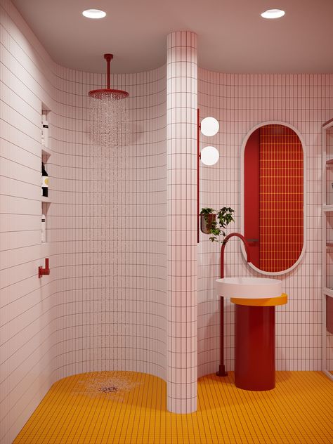 Pushing Limits With Powerful Red and Yellow Accent Decor Red Bathroom Accessories, Orange Bathrooms, Retro Bathrooms, Bathroom Red, Yellow Bathrooms, January 3, Pink Bathroom, Maximalism, Red And Yellow