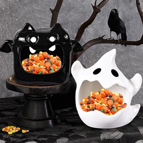 Amazon.com | DIYDEC 2pcs Halloween Candy Dish Holder Halloween Candy Bowls Ghost Bat Ceramic Bowl Candle Holder Tableware Decorations for Halloween Tiered Tray Ornament Home Decor: Candy Servers Ghost Candy Bowl, Halloween Candy Bowl, Halloween Tableware, Bowl Candle, Halloween Party Favors, Candy Bowl, Halloween Trick Or Treat, Halloween Candy, Candy Dishes