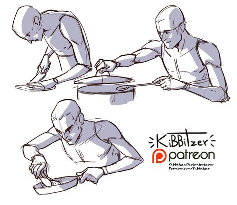 Cooking reference sheet -PREVIEW- | kibbitzer on Patreon Sitting At Table Pose Reference Drawing, Cooking Reference, Cooking Drawing, Male Figure Drawing, Drawing Body Poses, Human Figure Drawing, Different Poses, Body Reference Drawing, Reference Sheet