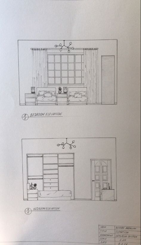 Basic Interior Design Sketches, How To Draw Interior Design, Elevation Drawing Interior, Interior Design Drawings Sketches, Interior Elevation Drawing, Interior Design Plan Drawing, Interior Design Portfolio Student, Section Interior Design, Interior Design Measurements